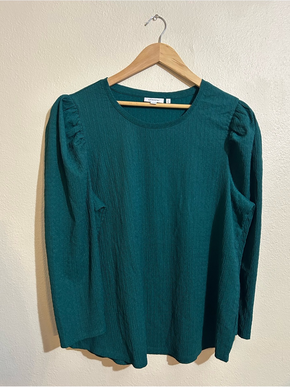 Chico’s Textured Knit Romance Sleeve Tee Size XL Deep Peacock Teal Puff Sleeve